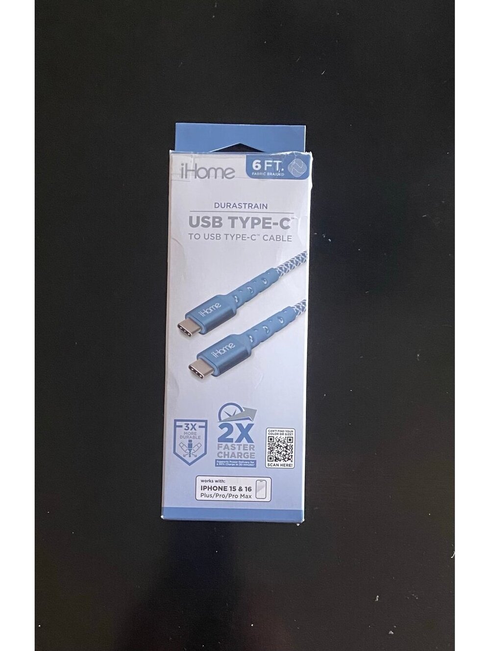 IHOME 6ft USB-C to USB-C Cable Nylon Braided with Cable Wrap Blue